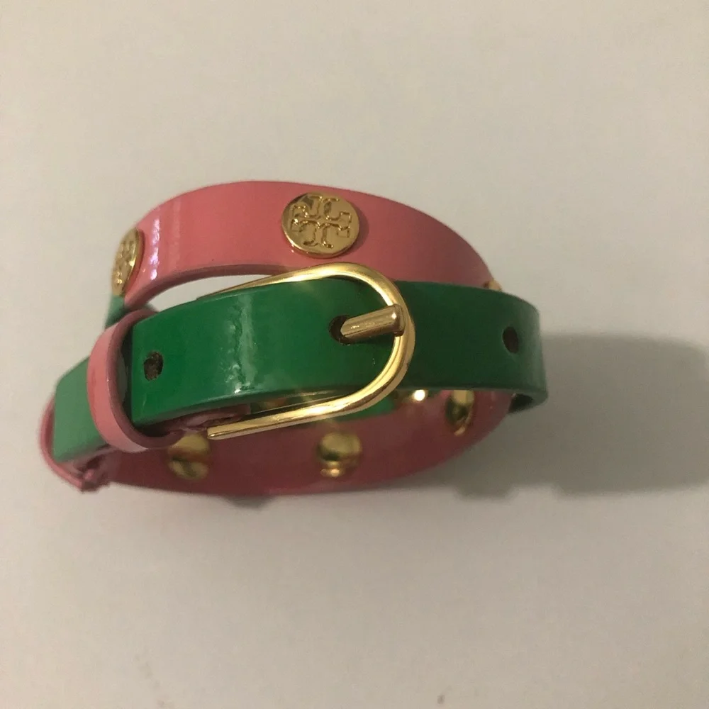 Tory Burch Pink and Green Double Wrap Gold Logo Stud Buckle Bracelet